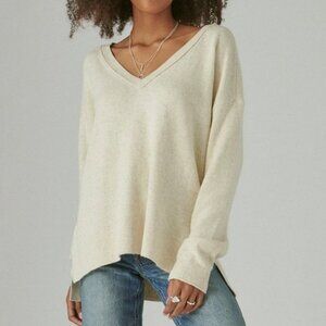 Oatmeal V-Neck Knit Pullover Sweater, Size Small